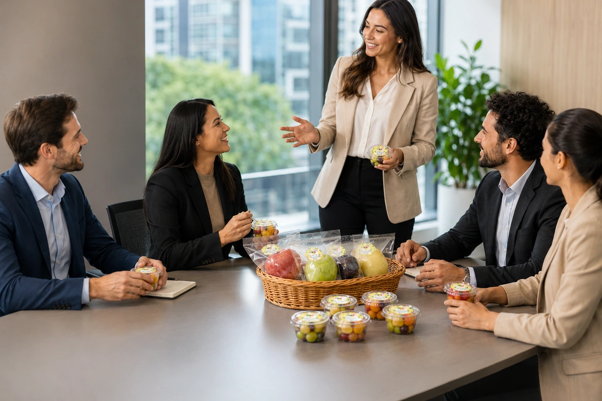 Equipe participando de experiência corporativa com frutas
