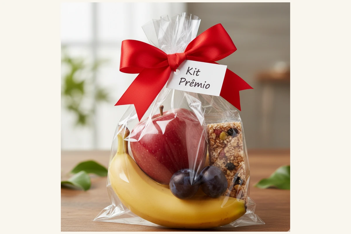 Kit corporativo com frutas e barra de cereal